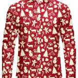 Vyriški raudoni kalėdiniai marškiniai su festyviu elnių raštu ilgarankoviai