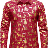 Vyriški raudoni marškiniai su auksiniais kalėdiniais elniais ir šventiniu raštu ilgomis rankovėmis