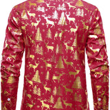 Vyriški raudoni marškiniai su auksiniais kalėdiniais elniais ir šventiniu raštu ilgomis rankovėmis