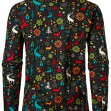 Vyriški minkšti marškiniai su linksmu kalėdiniu elniu ir snaigėmis ilgomis rankovėmis