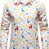 Vyriški balti marškiniai su kalėdine tema elniais ir snaigėmis ilgomis rankovėmis