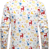 Vyriški balti marškiniai su kalėdine tema elniais ir snaigėmis ilgomis rankovėmis