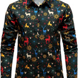 Vyriški kalėdiniai marškiniai su šventiniais elniais ilgomis rankovėmis