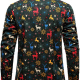 Vyriški kalėdiniai marškiniai su šventiniais elniais ilgomis rankovėmis