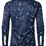 Vyriški mėlyni ilgarankoviai marškiniai su fejerverkų naujametiniu dizainu ir sagomis