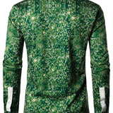 Vyriški žali ilgarankoviai marškiniai su linksmu kalėdiniu eglutės kostiumo raštu ir sagomis