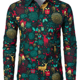 Vyriški ilgarankoviai medvilniniai kalėdiniai marškiniai su elniais