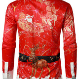 Vyriški raudoni kalėdiniai marškiniai su linksmu šventiniu dizainu ir ilgomis rankovėmis