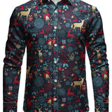 Vyriški vintažiniai kalėdiniai marškiniai su elnių raštu ir ilgarankoviu dizainu