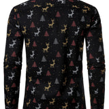 Vyriški juodi ilgarankoviai marškiniai su kvėpuojančia kalėdine eglute ir elniu