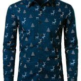 Vyriški tamsiai mėlyni ilgarankoviai marškiniai su kvėpuojančiu kalėdinės eglutės ir elnio raštu