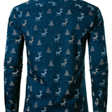 Vyriški tamsiai mėlyni ilgarankoviai marškiniai su kvėpuojančiu kalėdinės eglutės ir elnio raštu